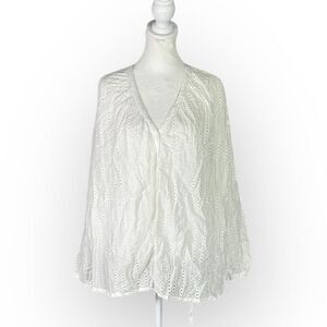 Notshy Cashmere Button Down Shirt Women's Med White Eyelet V-Neck Long Sleeve